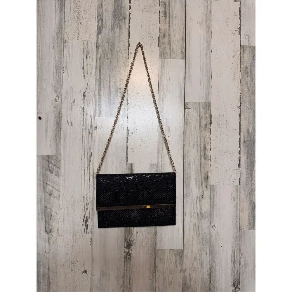 Black Textured Clutch Bag Gold Chain Strap Envelope Evening Purse